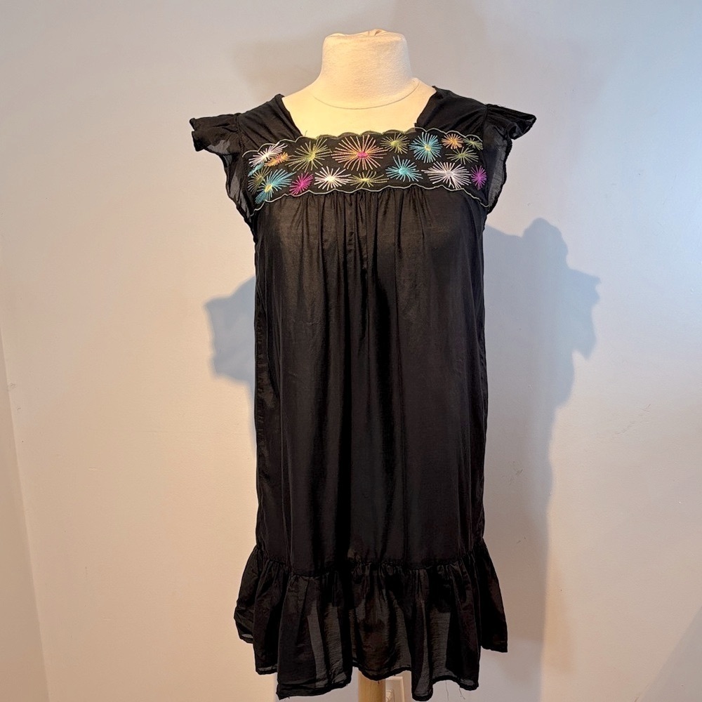 Pink Martini Embroidered Black dress with ruffle size Medium